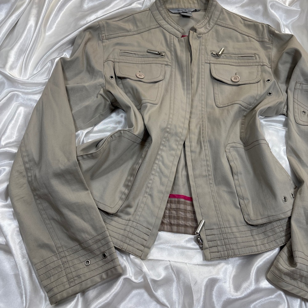 y2k Mac & Jac Utility Jacket Tan Good Grommet Multi Pocket Zip Up Cotton Size 8 - Picture 2 of 6